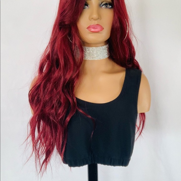 22” Ombre Burgundy “Put On & Go” Premium Synthetic Fiber Wig - Picture 2 of 13